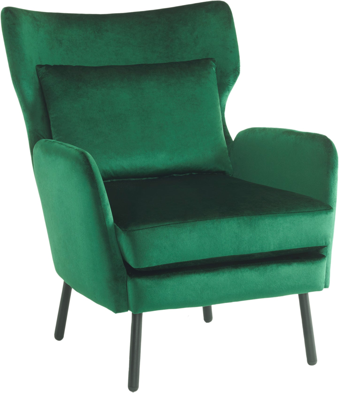 Emerald green velvet armchair with a matching throw pillow and dark tapered legs