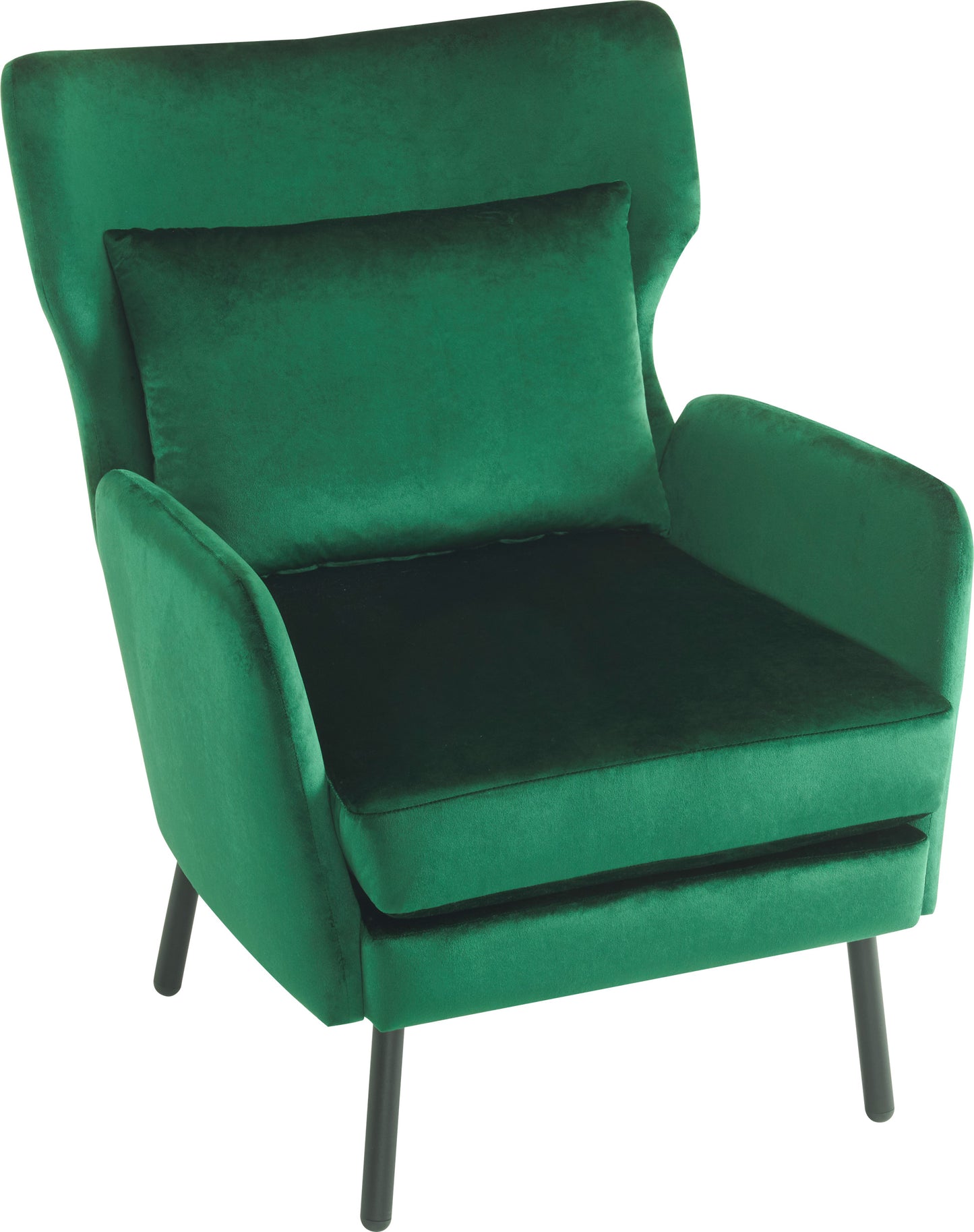 Emerald green velvet accent chair with lumbar pillow and black tapered legs