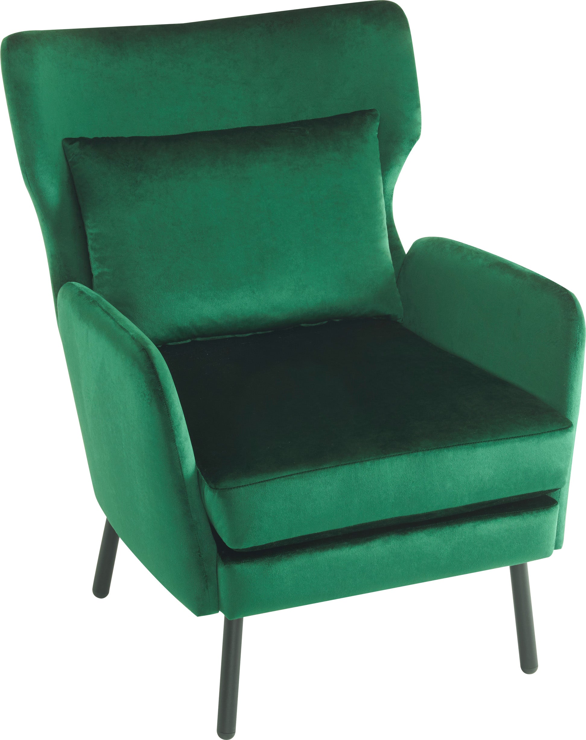 Emerald green velvet accent chair with lumbar pillow and black tapered legs