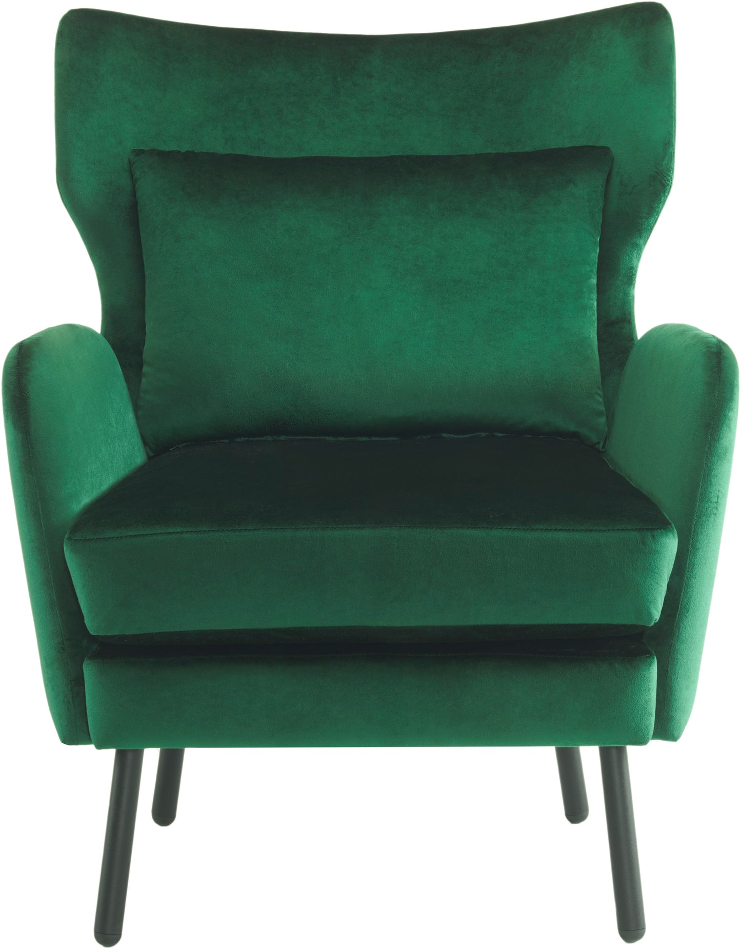 Emerald green velvet armchair with plush cushions and dark tapered legs