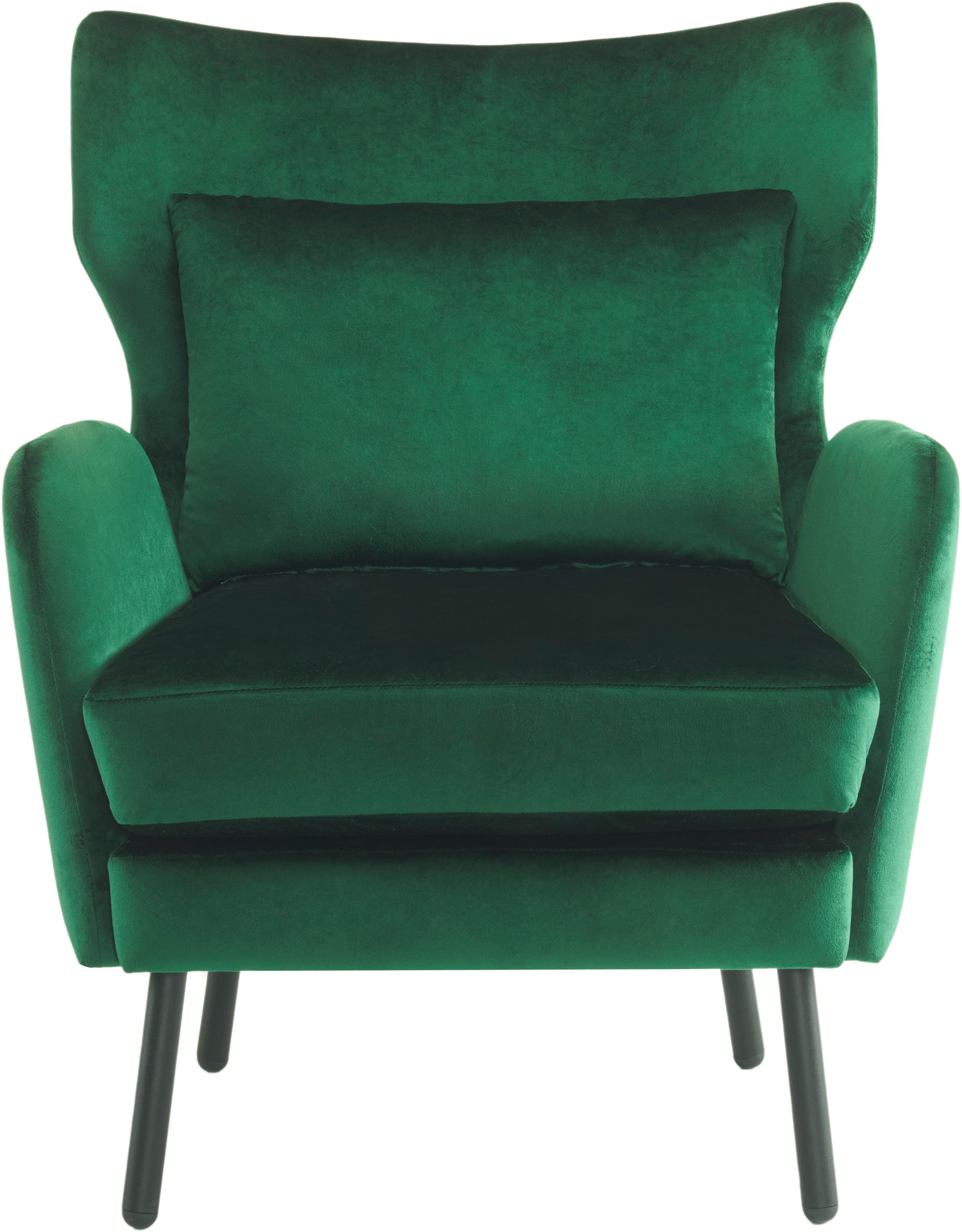 Emerald green velvet armchair with plush cushions and dark tapered legs