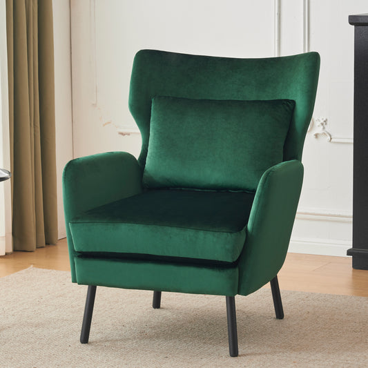 Emerald green velvet accent chair with plush seat and throw pillow Ideal for living room