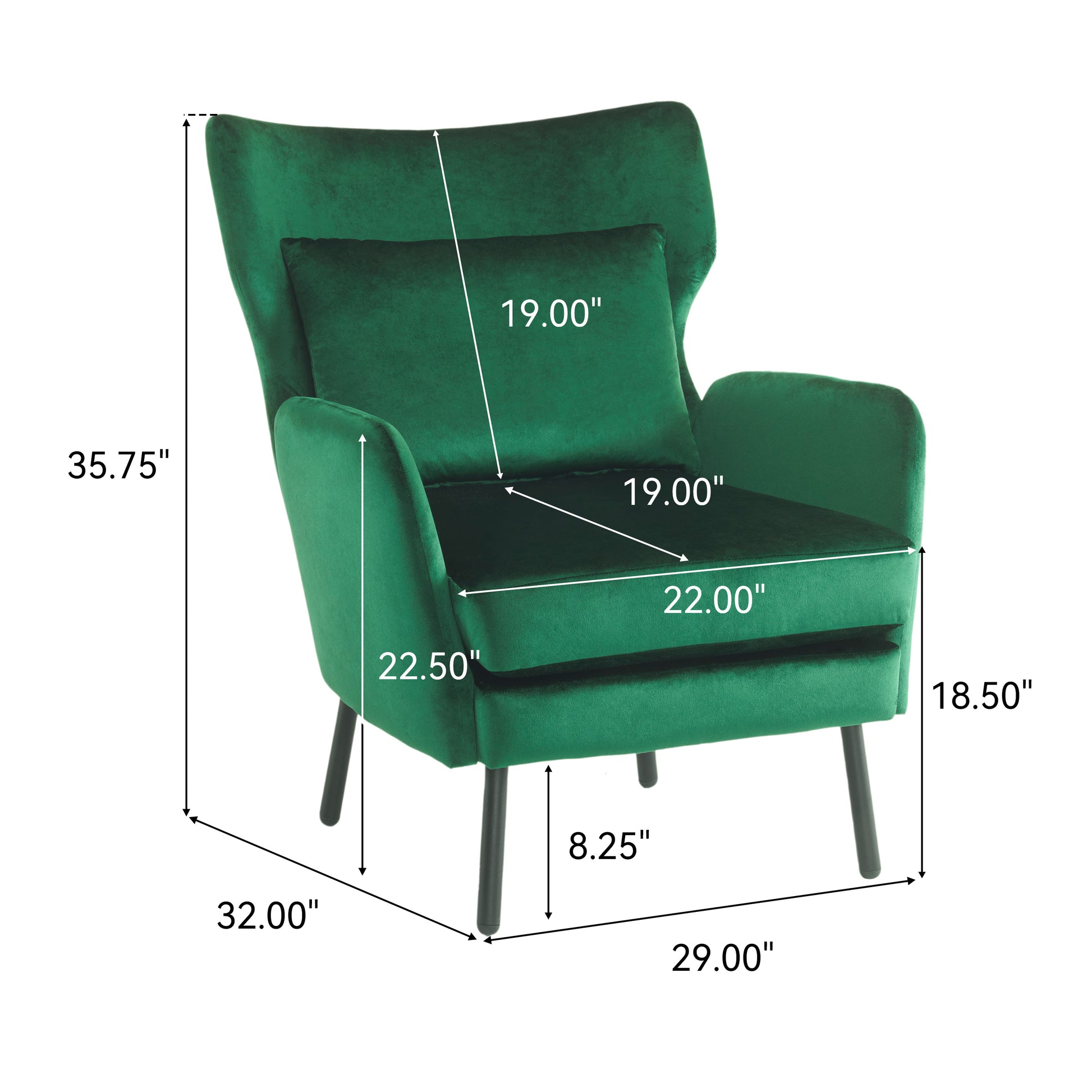 Emerald green velvet armchair with button tufted back and included accent pillow