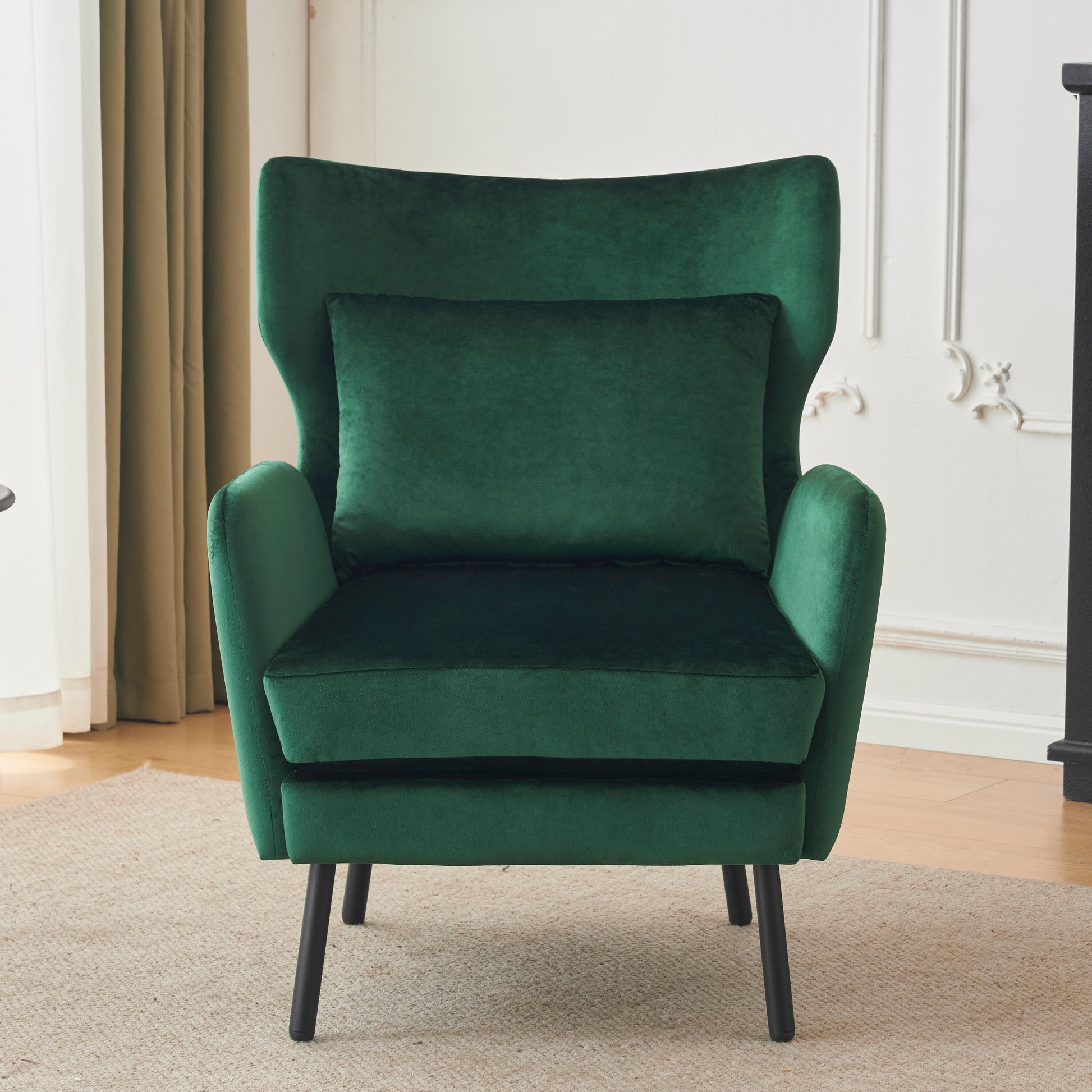 Emerald green velvet wingback chair with matching pillow modern accent furniture