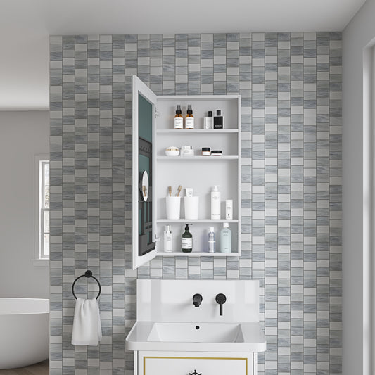 White medicine cabinet filled with various skincare products including serums and creams