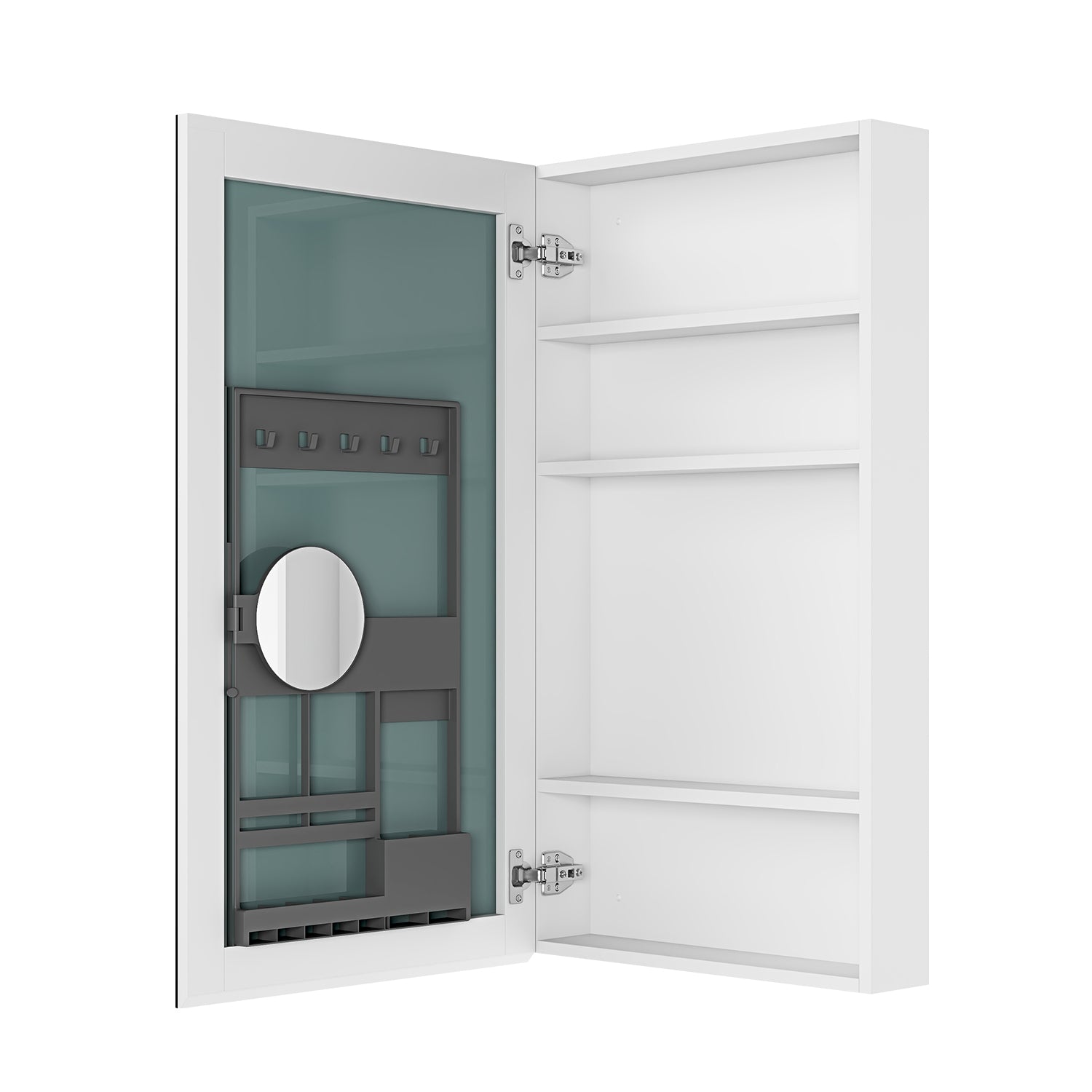 White recessed medicine cabinet with mirrored interior organizer