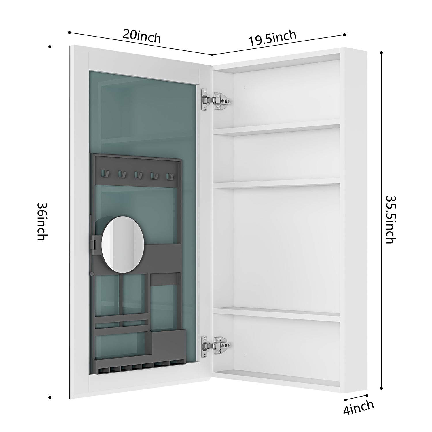 White mirrored medicine cabinet with interior organizers and shelves
