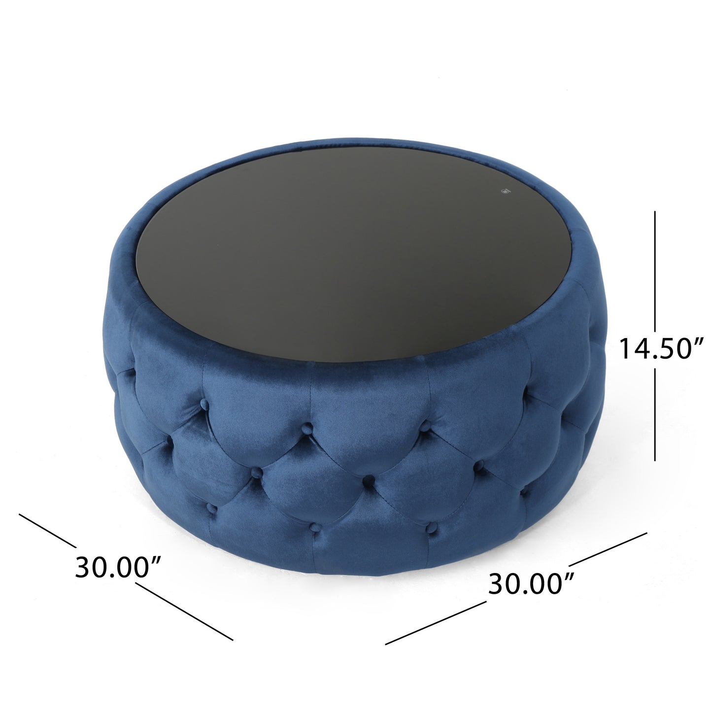 Deep blue velvet ottoman with tufted detail and a round glass top