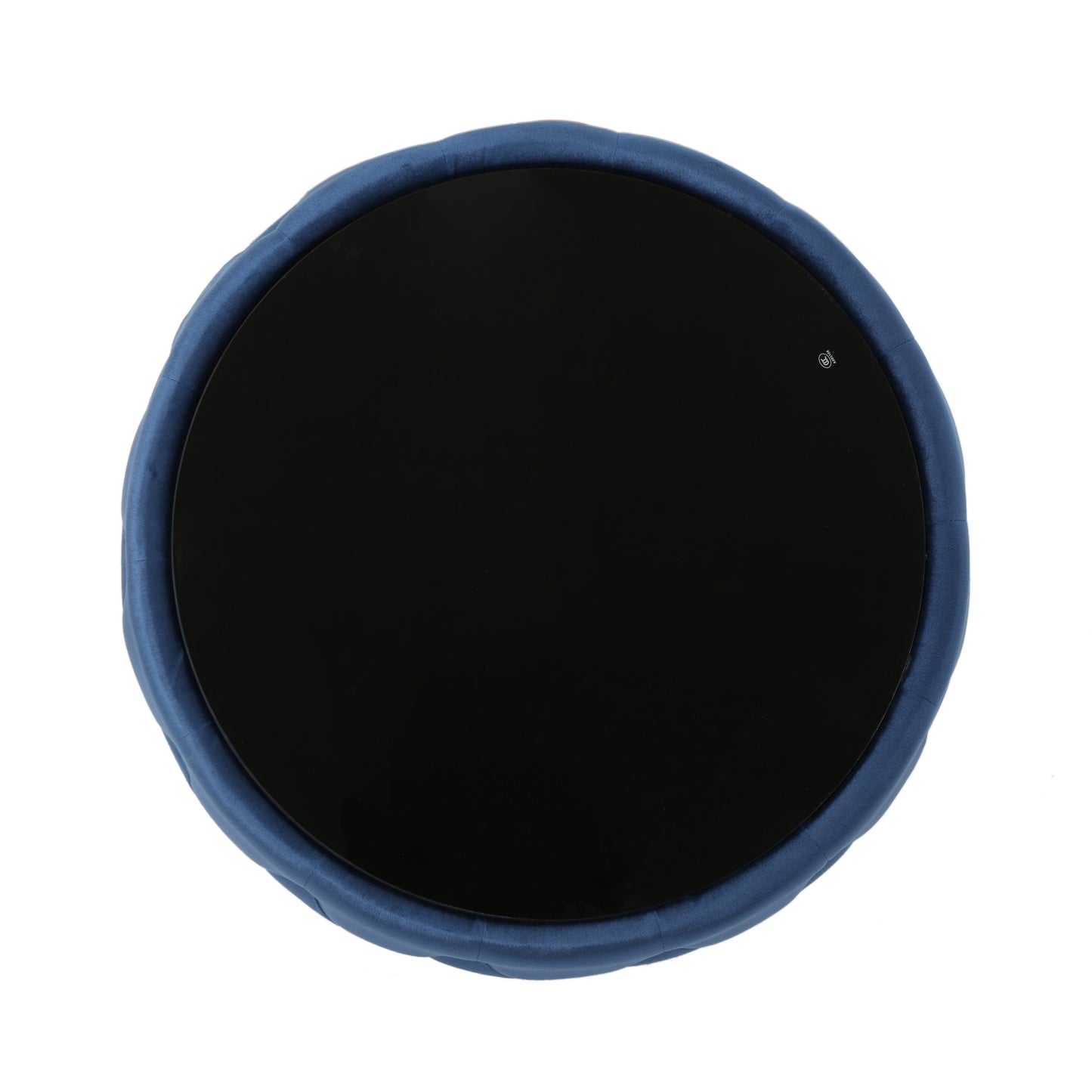 Round navy velvet ottoman with a black glass top