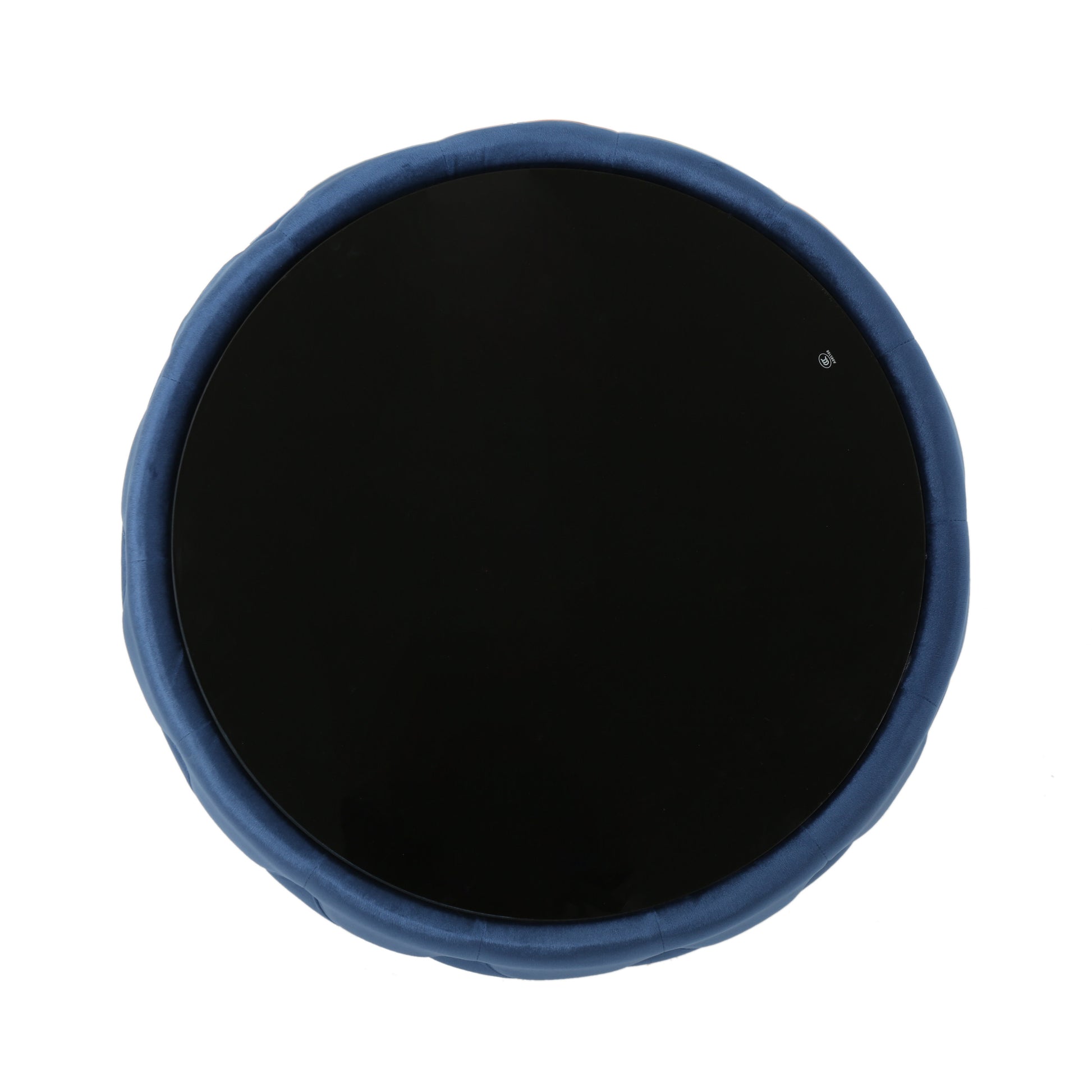 Round navy velvet ottoman with a black glass top
