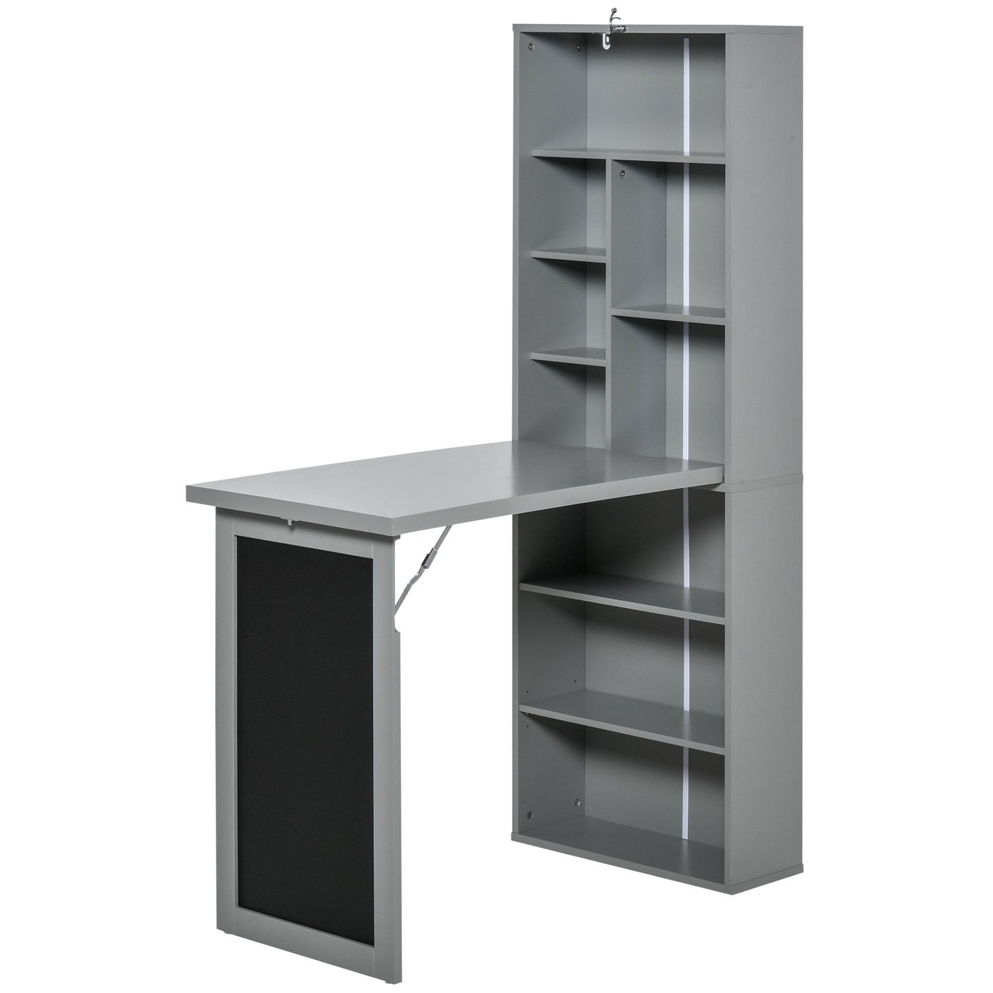 Gray folddown wall desk with builtin shelves and a chalkboard panel