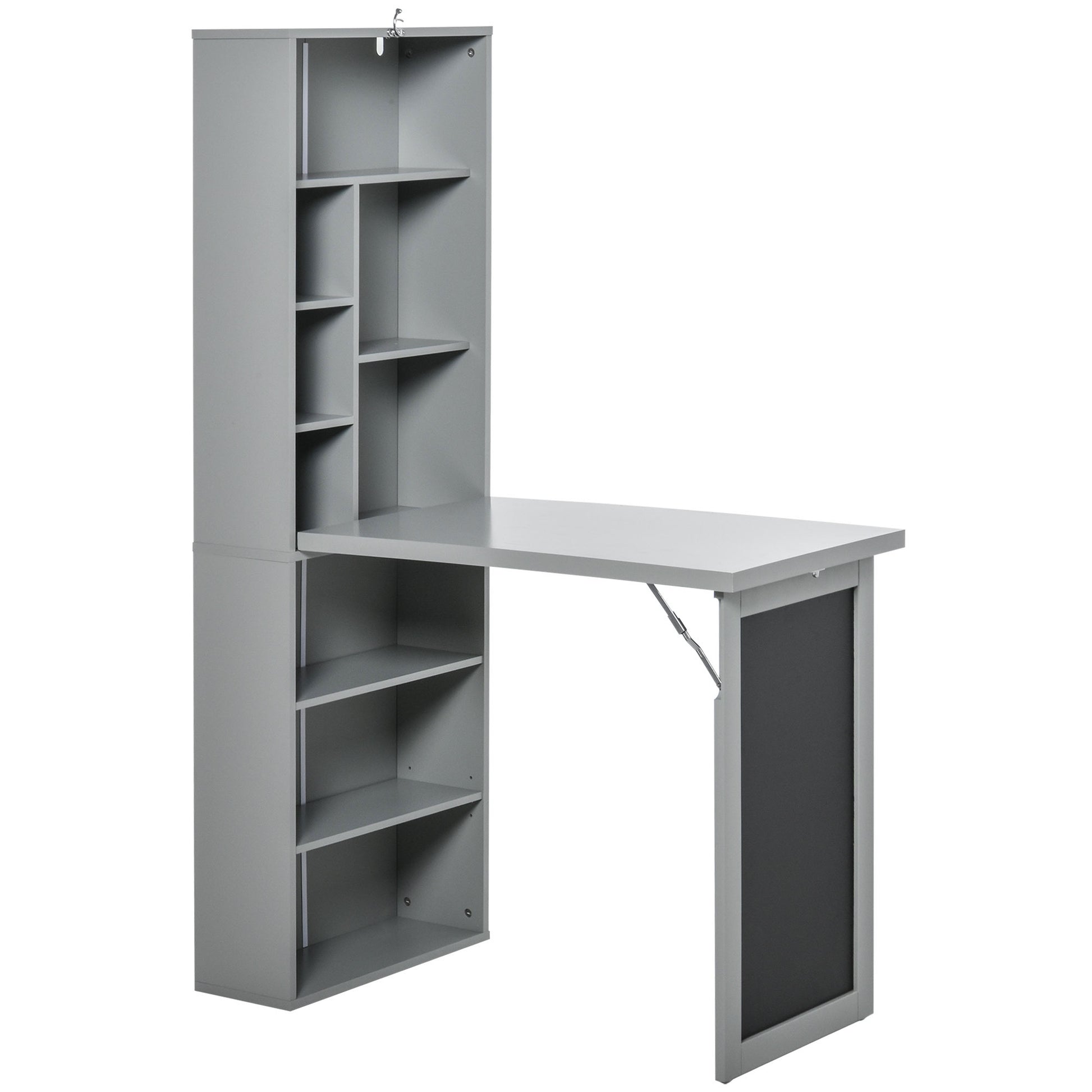 Grey wallmounted folding desk with multiple shelves for storage ideal for small spaces