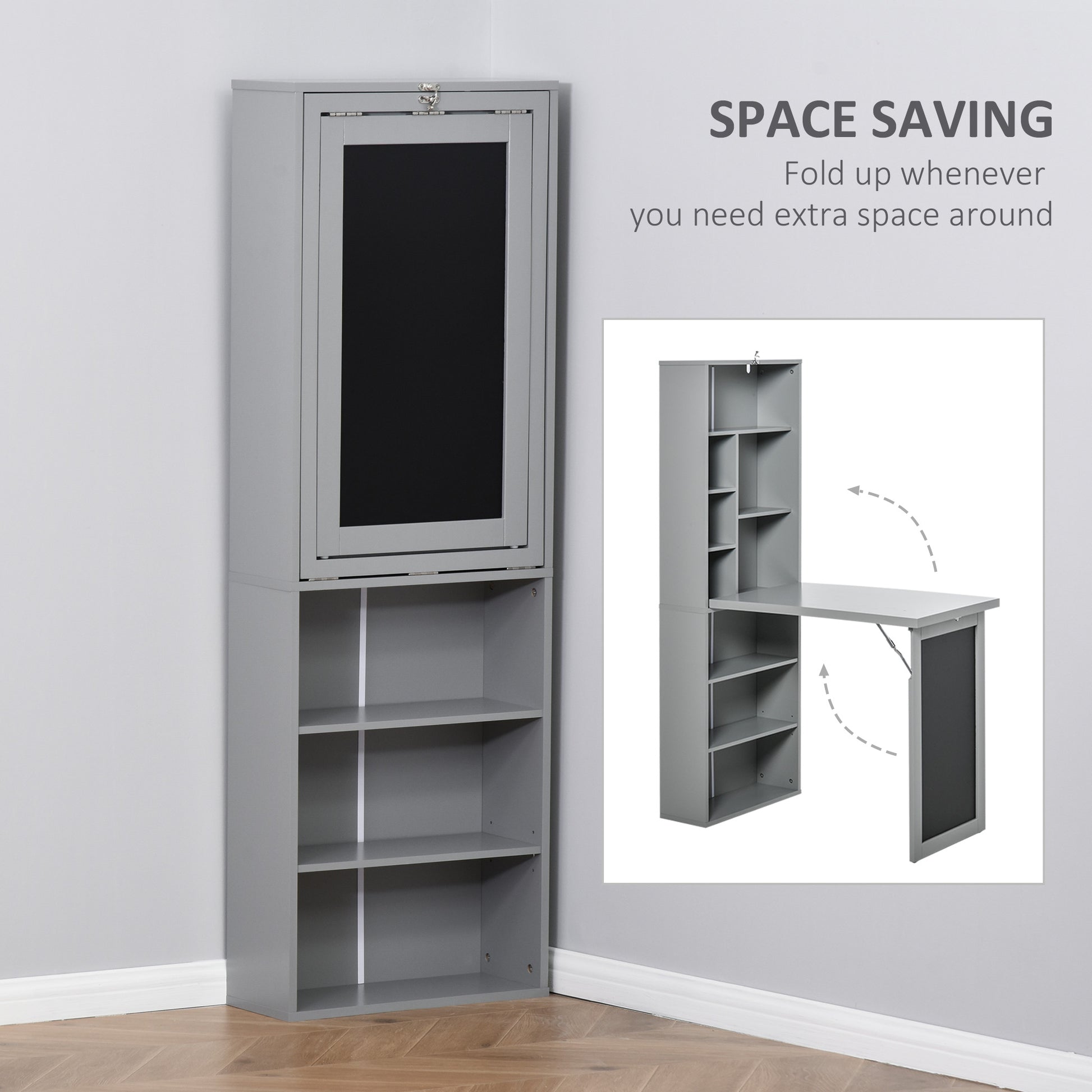 Grey folddown desk with open shelving unit and chalkboard door