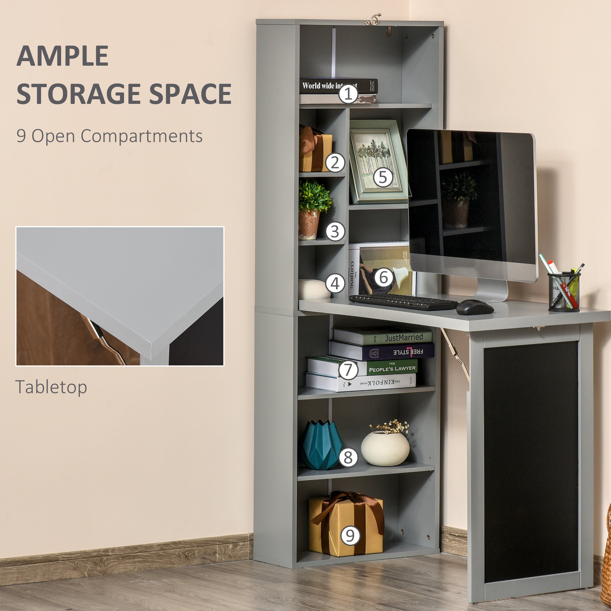 Gray wooden folding desk with open shelving for home office use