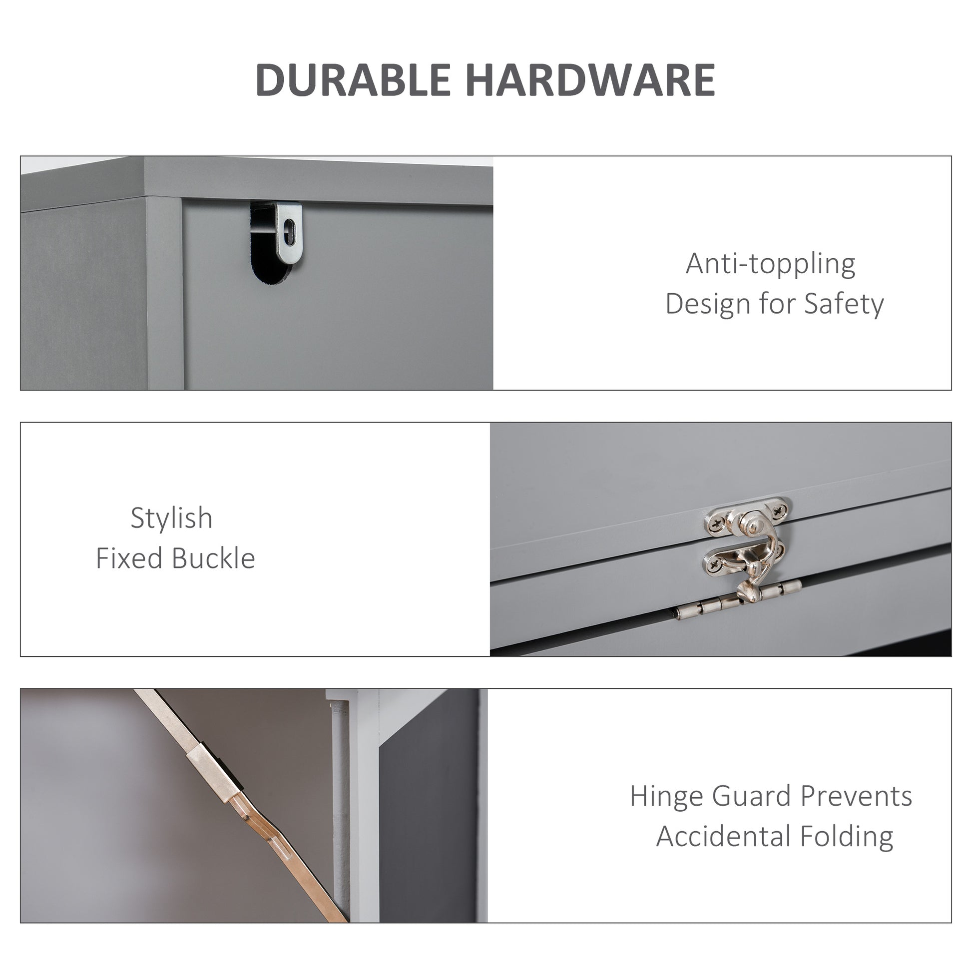 Closeup of gray furniture with antitoppling hardware for enhanced safety