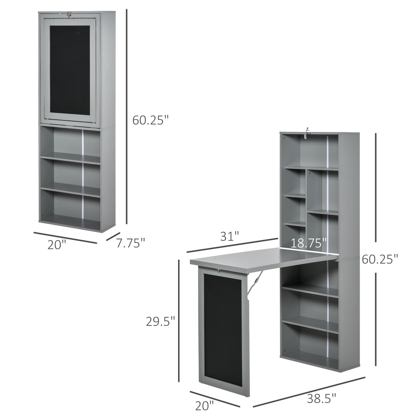 Gray wallmounted folding desk with shelves and chalkboard door