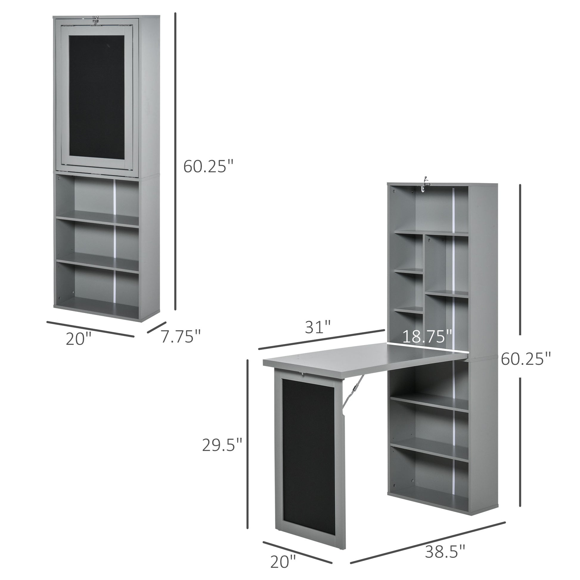 Gray wallmounted folding desk with shelves and chalkboard door