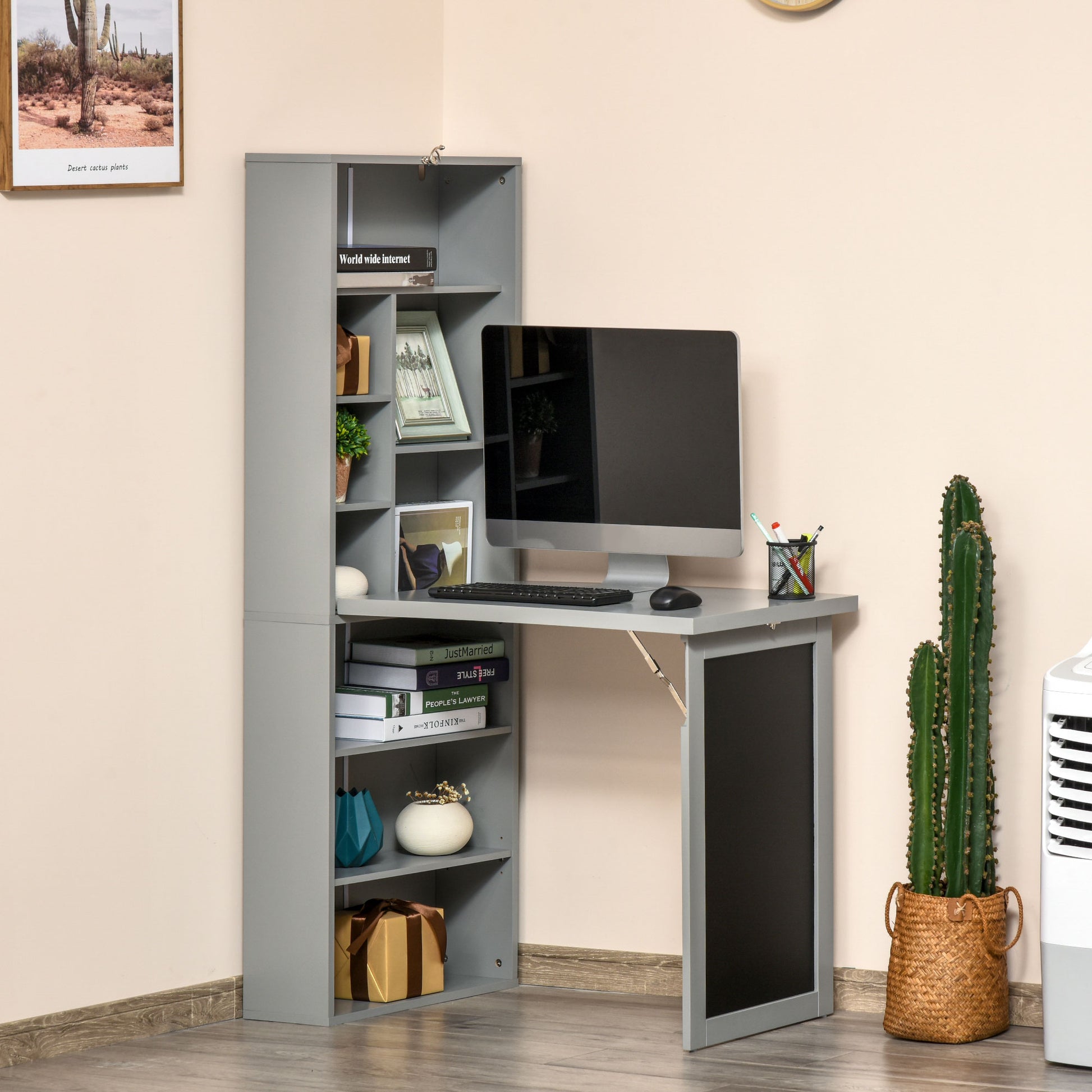 Compact gray folddown desk with integrated shelving unit for home office setup