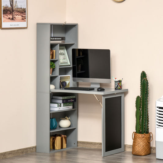 Compact gray folddown desk with integrated shelving unit for home office setup