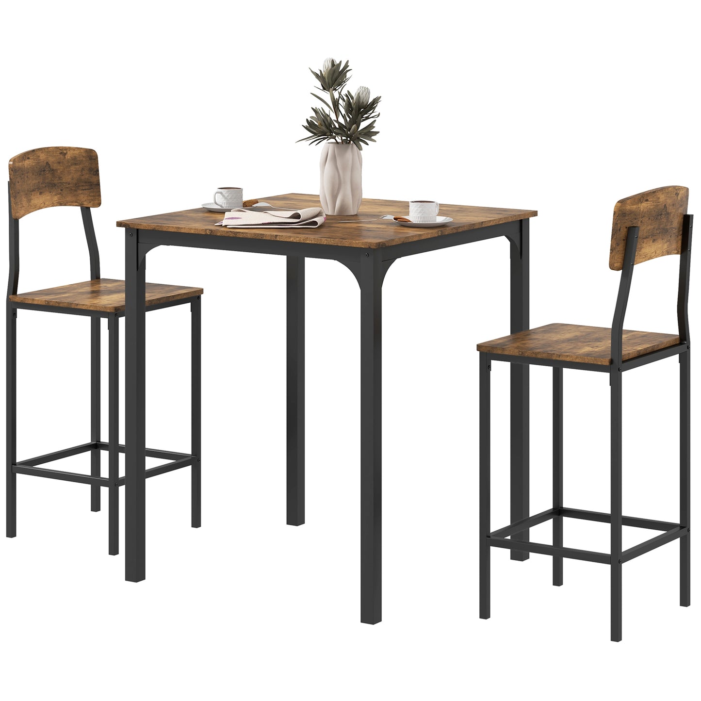 Rustic industrial bar table set with two chairs featuring woodgrain tops and black metal frames