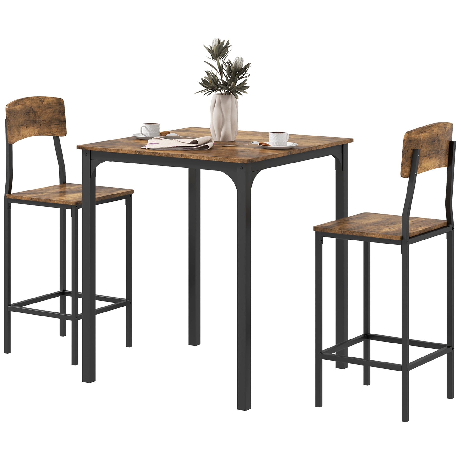 Rustic industrial bar table set with two chairs featuring woodgrain tops and black metal frames