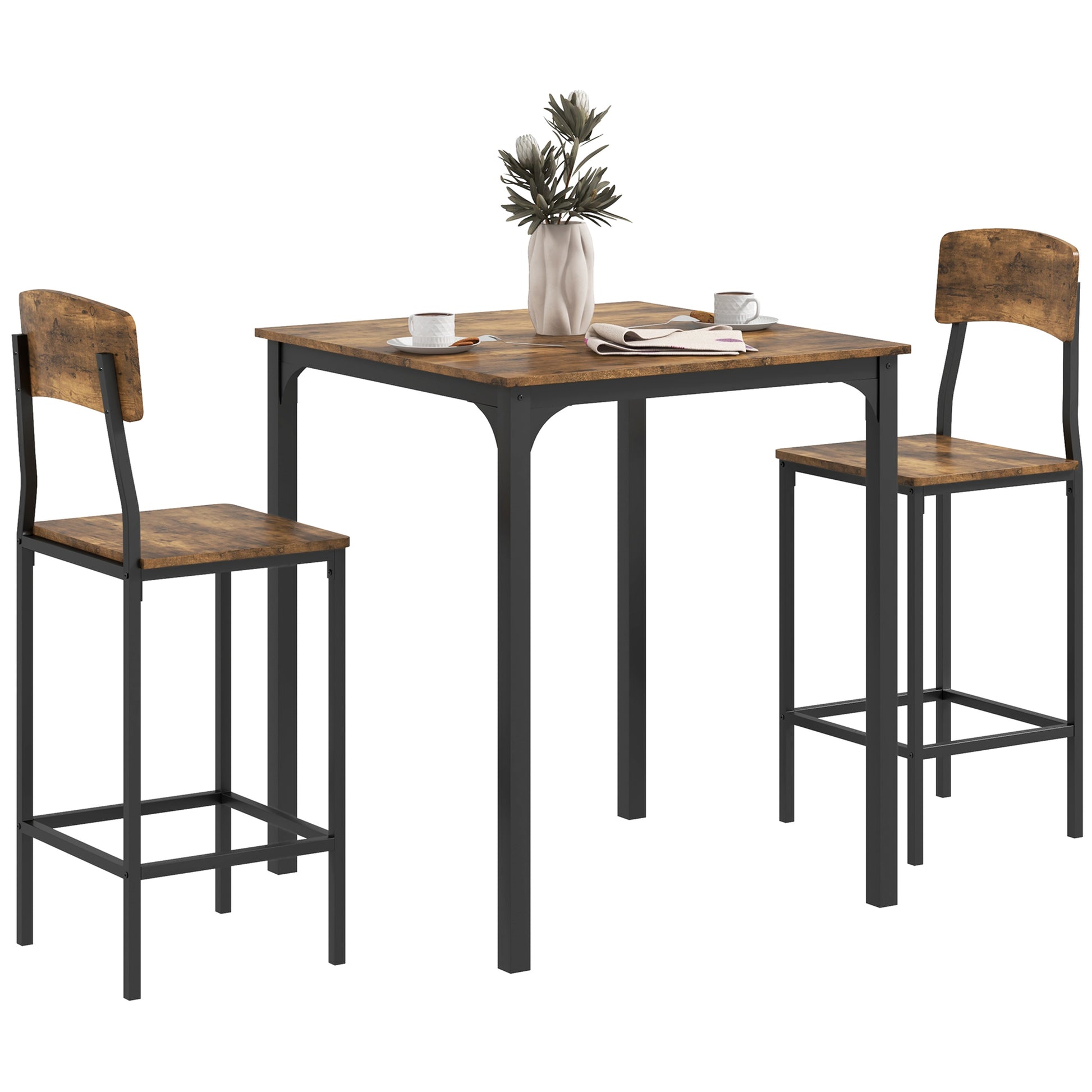 Rustic brown wood and black metal bar table with two stools perfect for small spaces