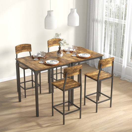Rustic industrial bar height dining set with wood top table and four stools