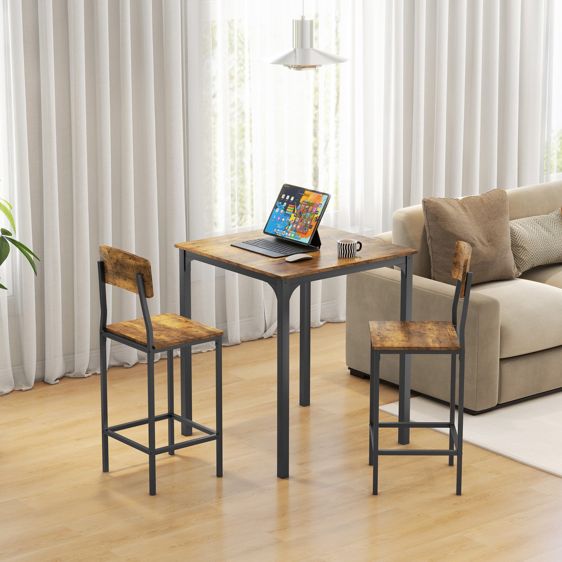 Rustic wood and black metal bar stool with backrest perfect for kitchen counter