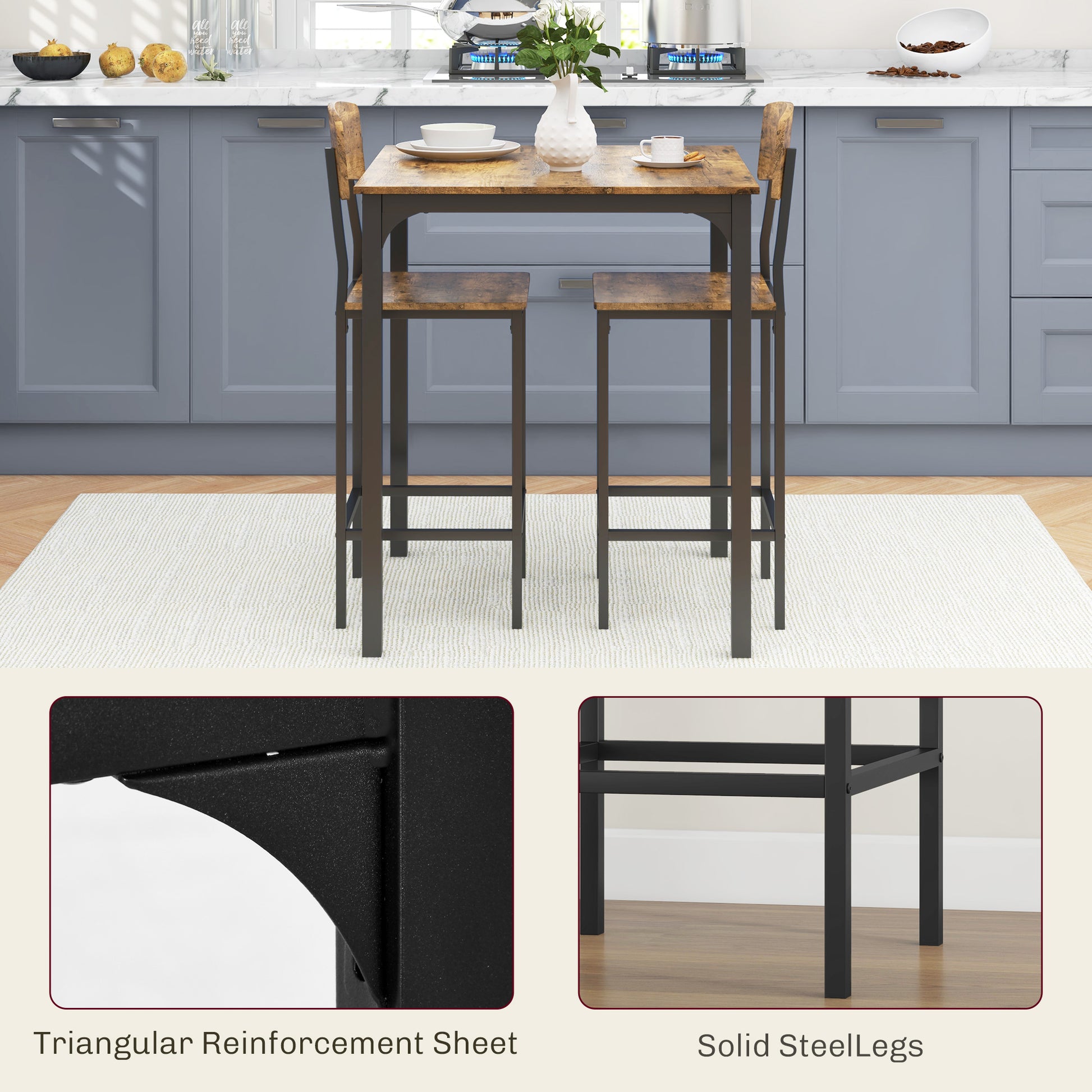 Rustic brown and black metal pub table with two matching stools