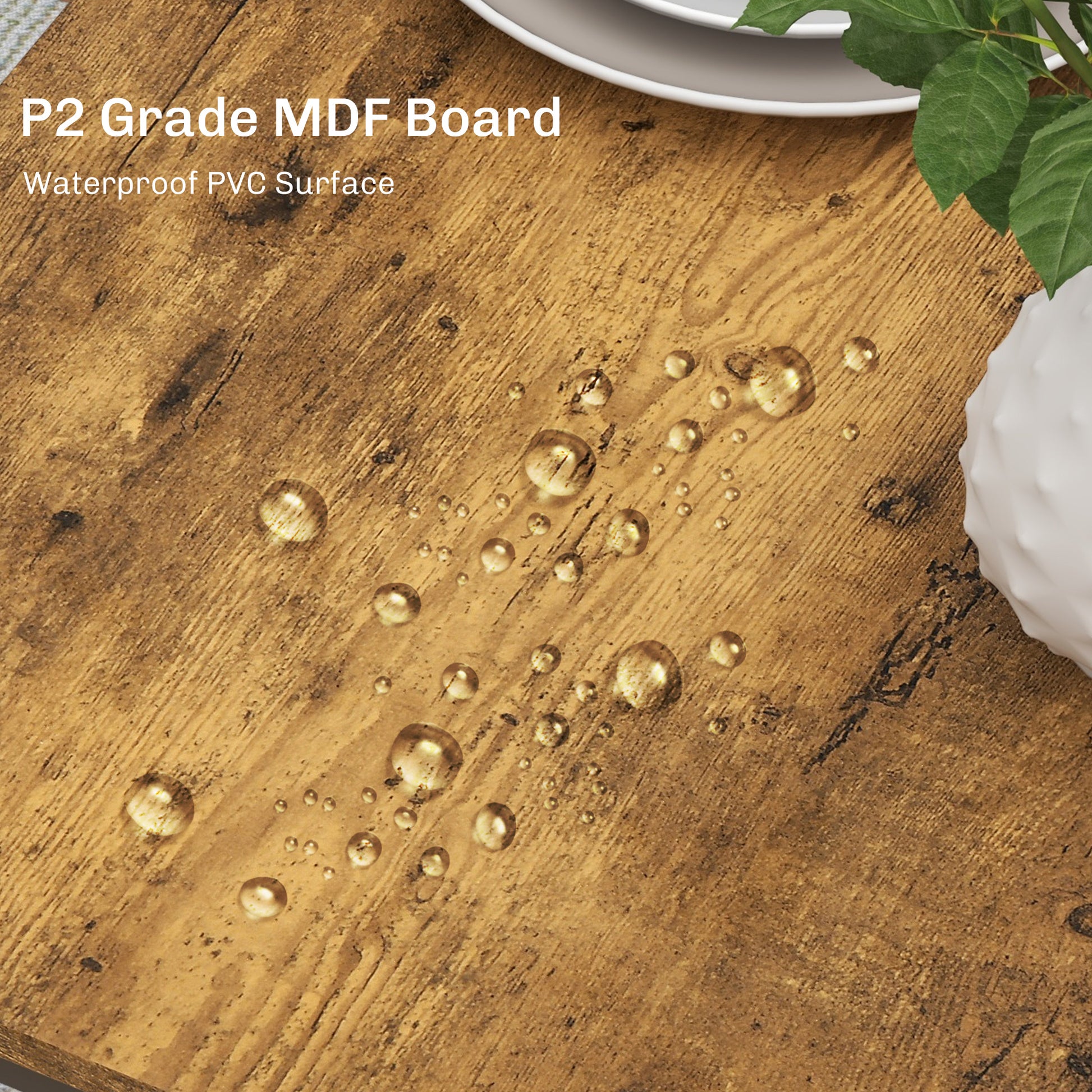 P grade MDF board with a rustic woodgrain textured waterproof PVC surface Water beads show off its liquid resistance