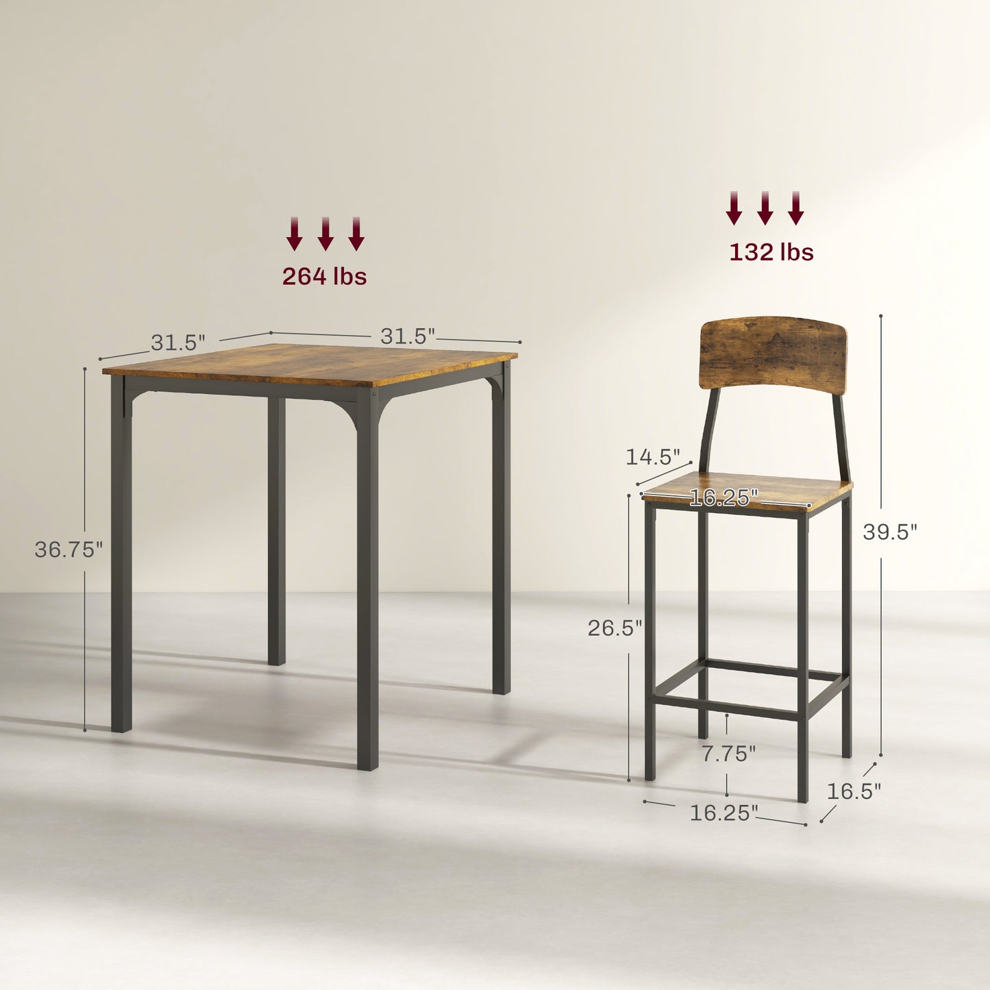 Rustic brown wood top square bar table with black metal legs and  lbs capacity
