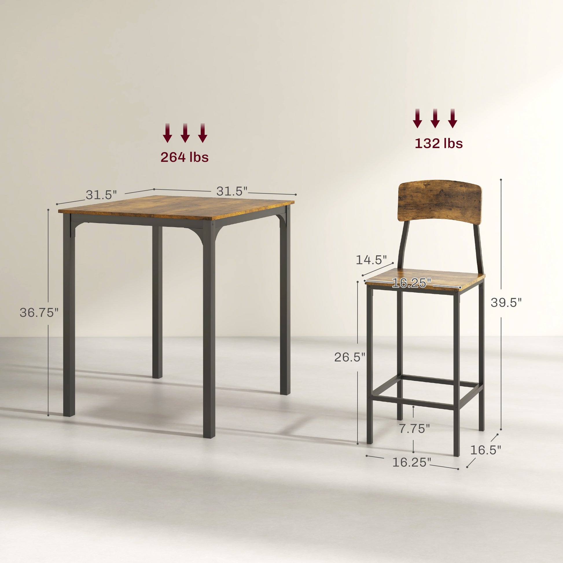 Rustic brown wood top square bar table with black metal legs and  lbs capacity