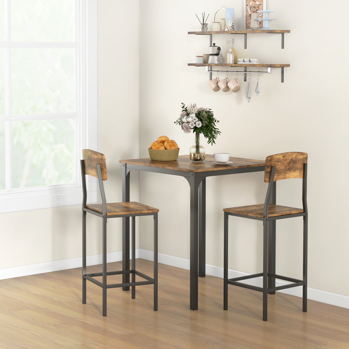 Industrial style bar table set with distressed wood top and metal frame