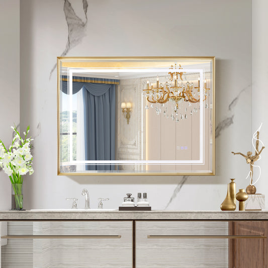 Gilded framed LED bathroom mirror with touch controls and soft illumination