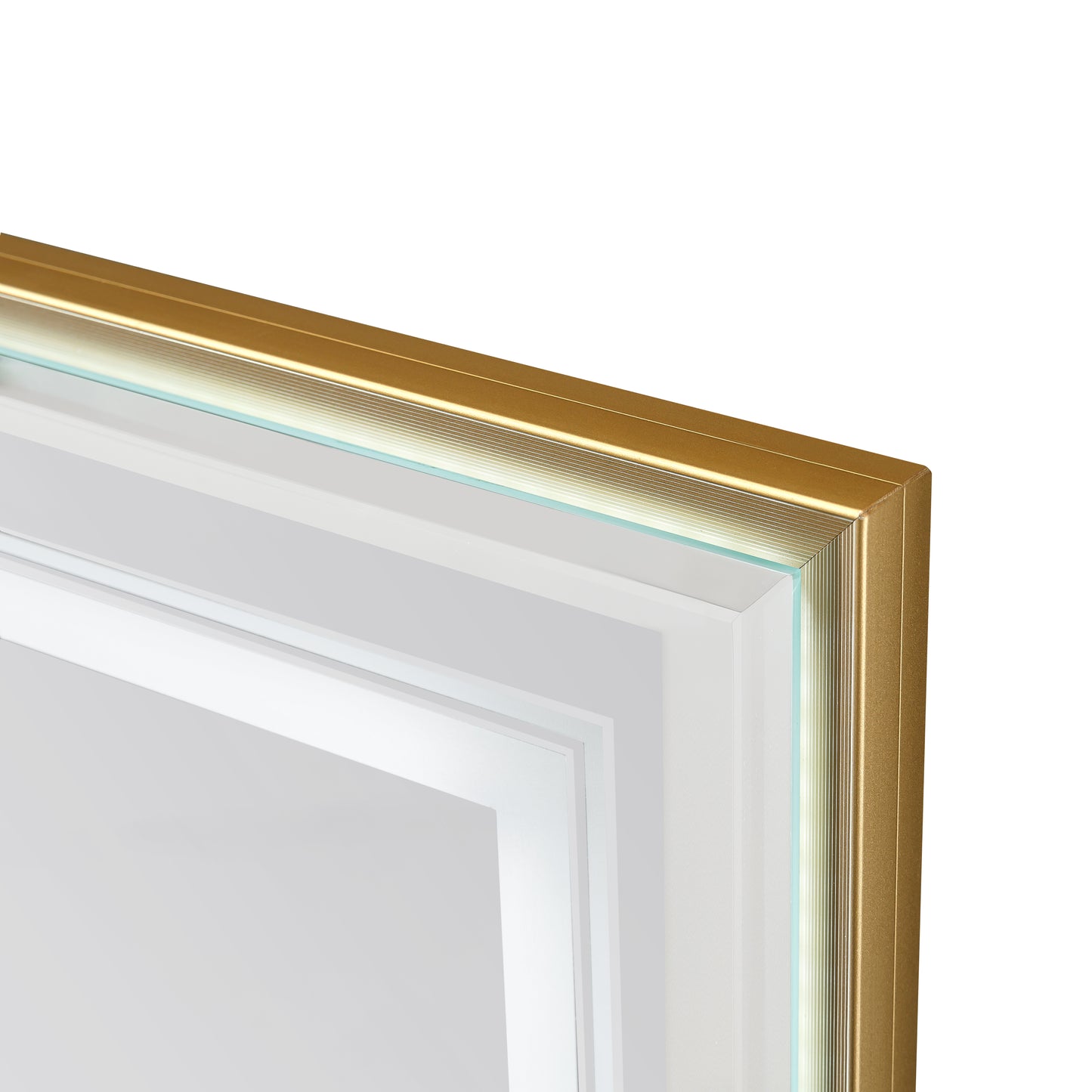 Closeup of a brushed gold picture frame with a layered glass insert