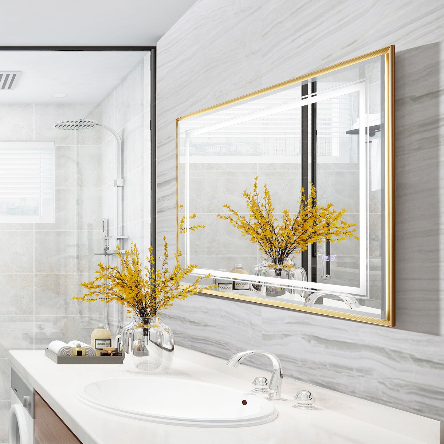 Modern goldframed LED bathroom mirror with builtin defogger x inches