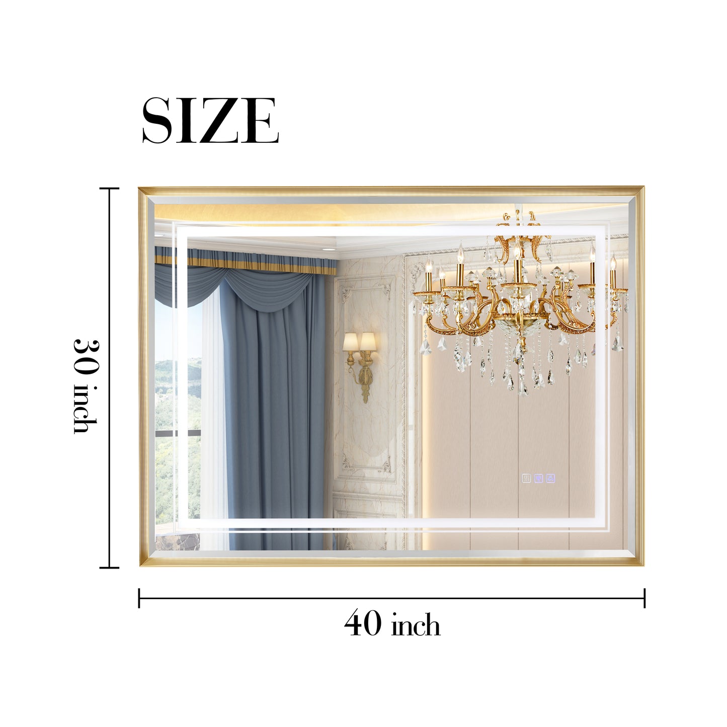 x inch modern LED bathroom mirror with gold frame and touch controls