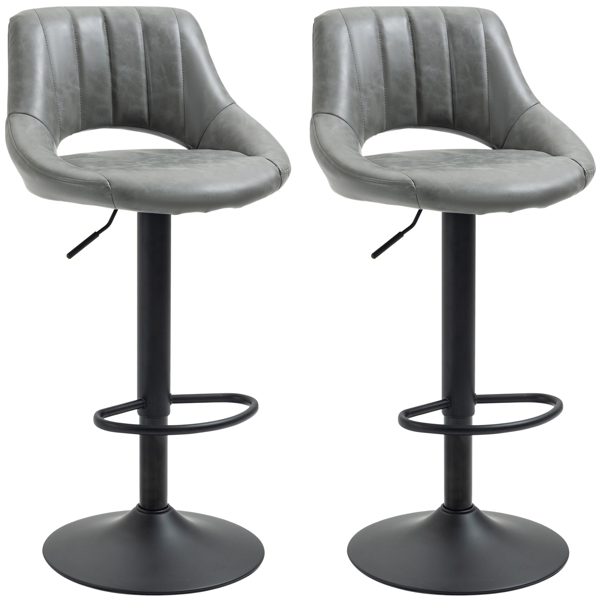 Grey faux leather bar stool with adjustable height and black metal base
