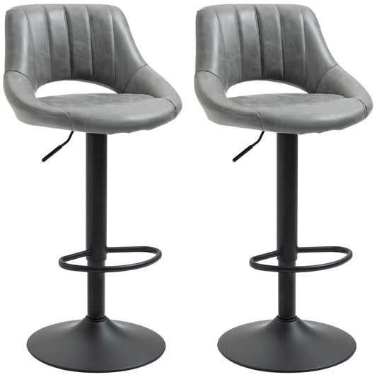 Grey faux leather bar stool with adjustable height and black metal base