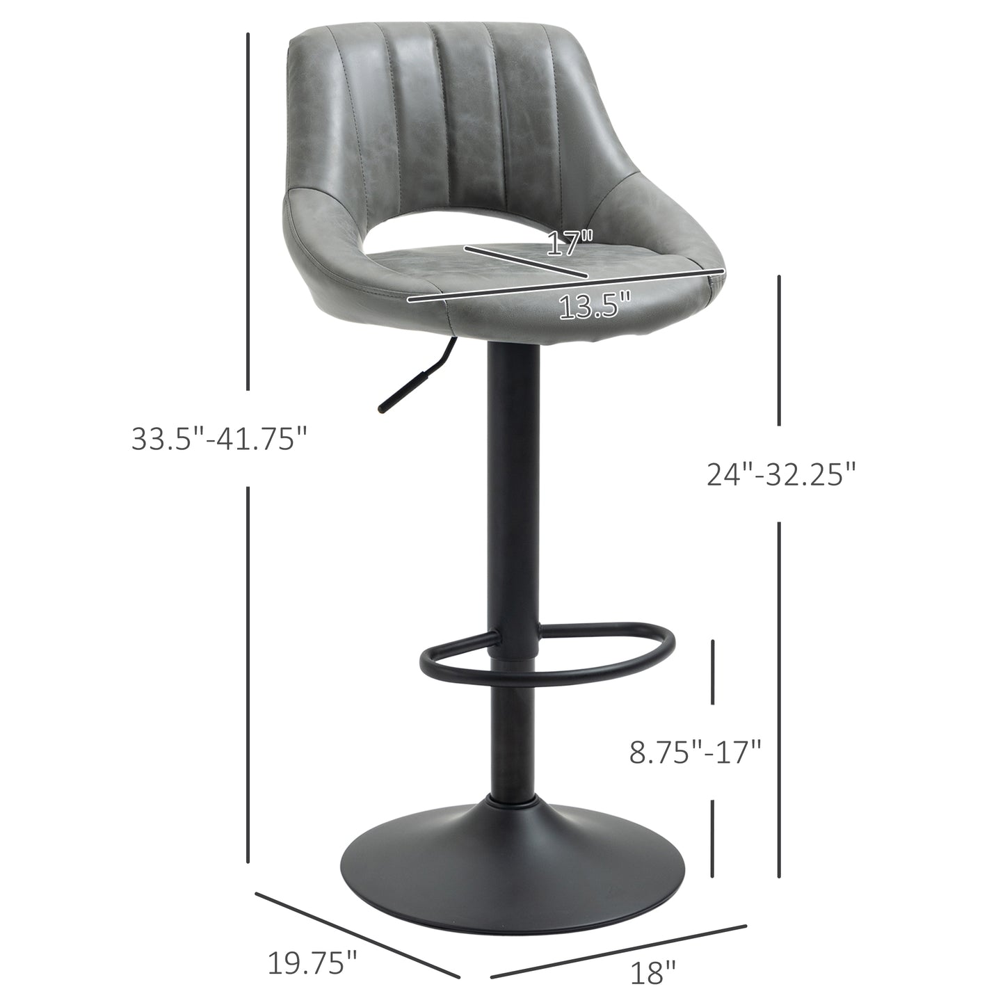 Adjustable grey faux leather bar stool with button tufting