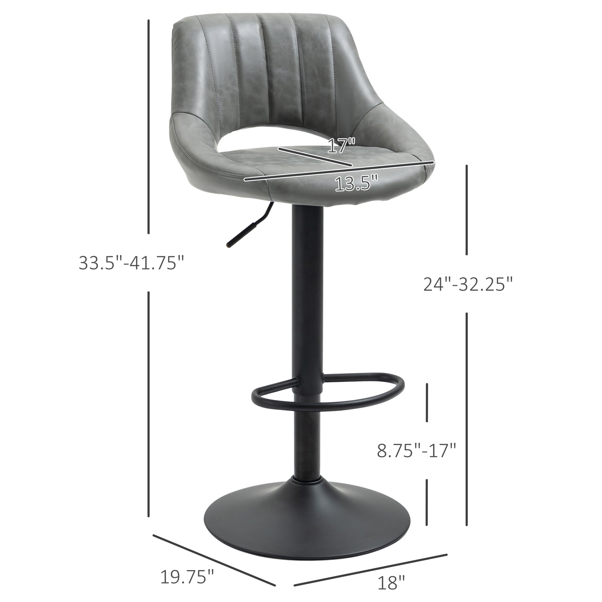 Adjustable grey faux leather bar stool with button tufting
