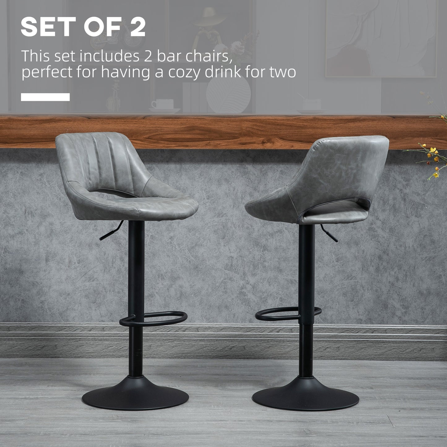 Set of  gray faux leather bar stools with adjustable height and black metal base