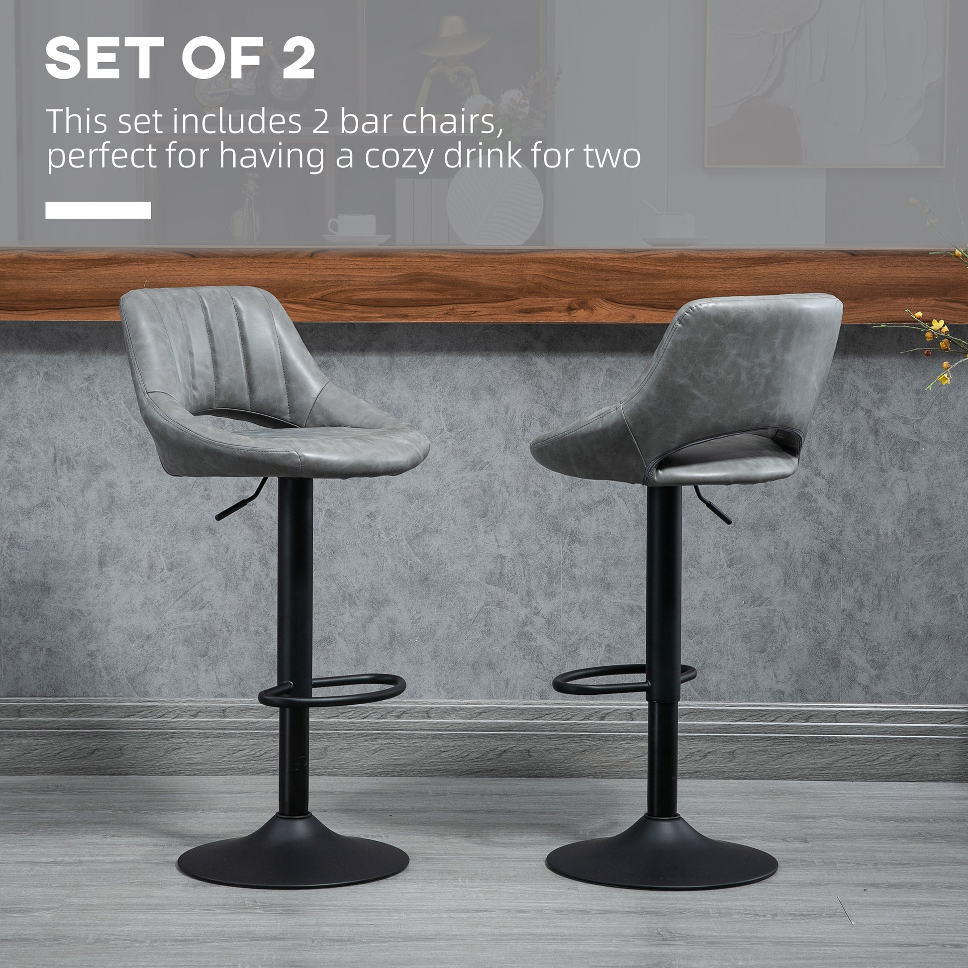 Set of  gray faux leather bar stools with adjustable height and black metal base