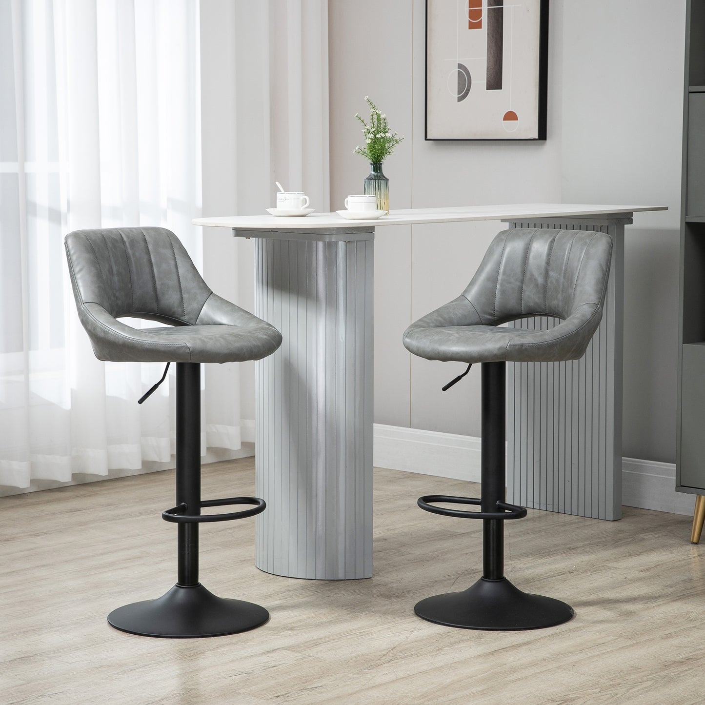 Grey faux leather adjustable bar stool with tufted back and black base