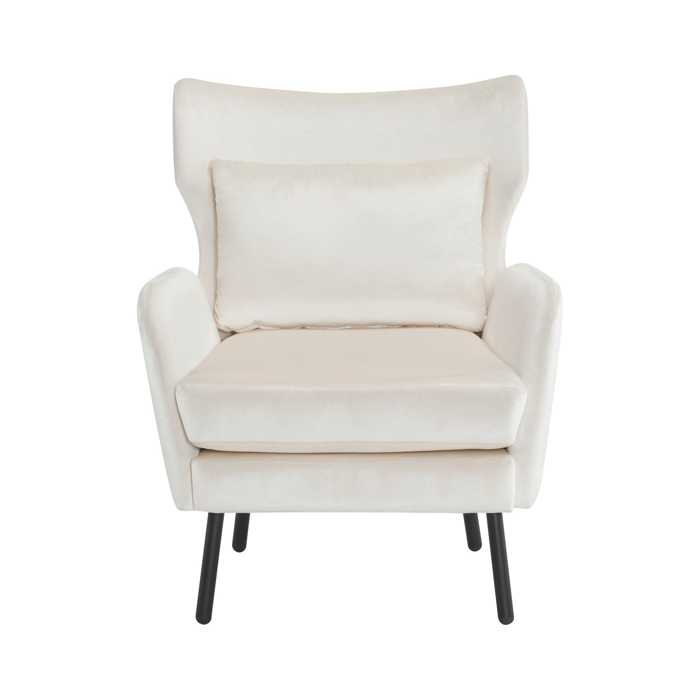 Elegant cream velvet armchair with plush cushions and modern black legs perfect for a cozy reading nook