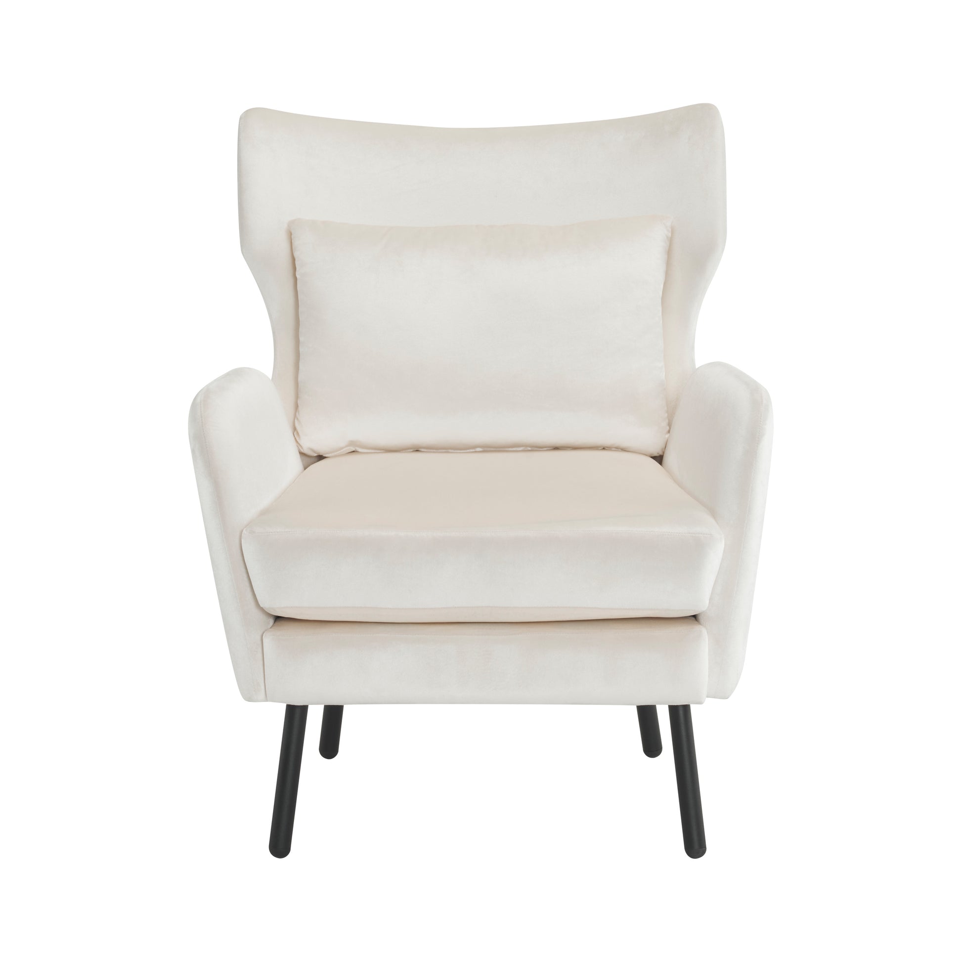 Elegant cream velvet armchair with plush cushions and modern black legs perfect for a cozy reading nook