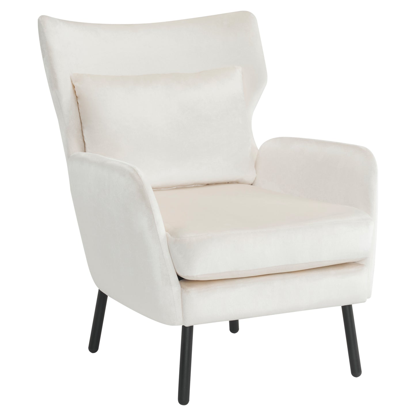 Cream velvet accent chair with lumbar pillow and black tapered legs