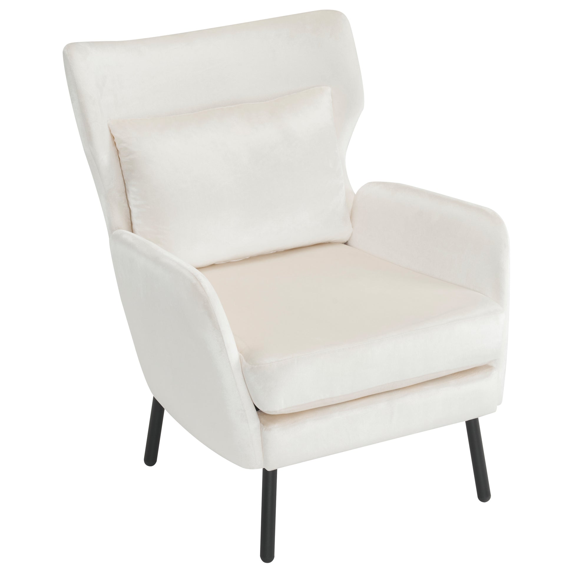 Cream velvet accent chair with plush throw pillow and black tapered legs