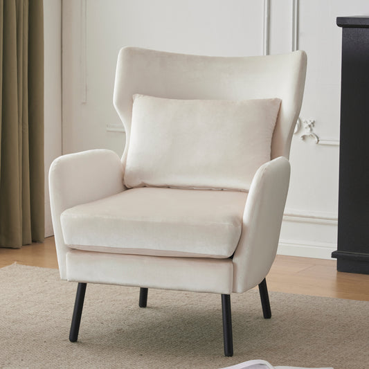 Elegant cream velvet armchair with a plush cushion and dark tapered legs perfect accent chair