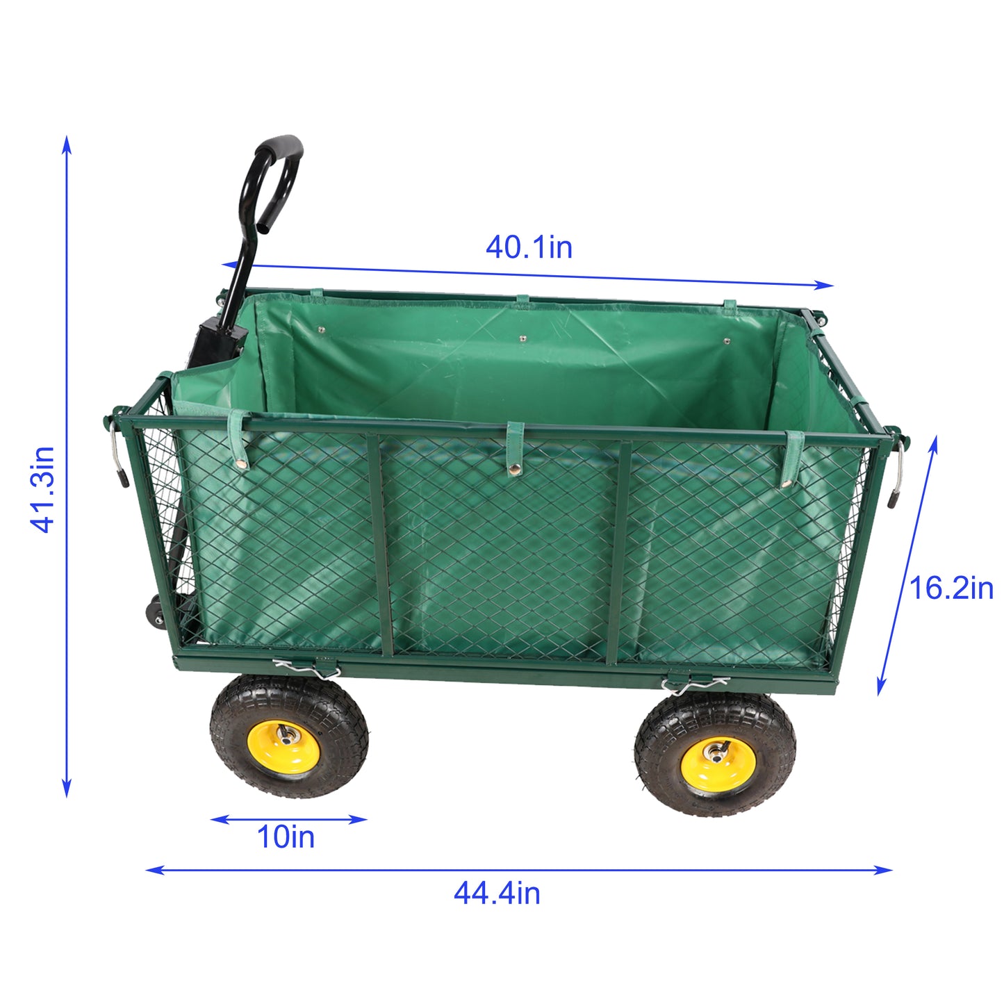 Green garden utility wagon with mesh sides and canvas liner ideal for yard work